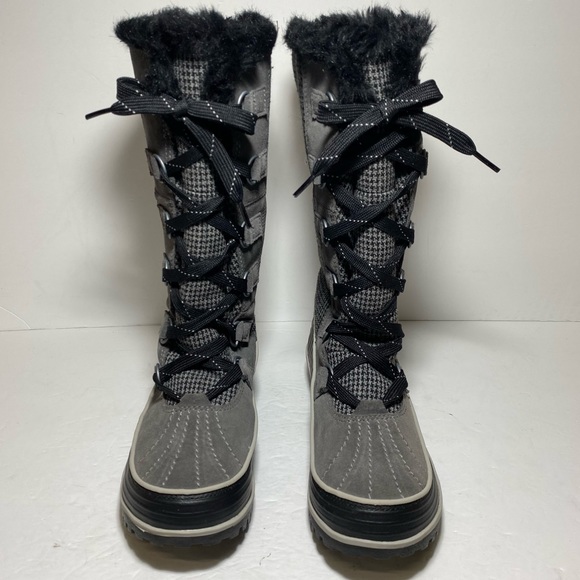 Sorel Joan Of Arctic Gray Black Houndstooth Faux Fur Winter Boots Women’e Sz 9 - Picture 4 of 16